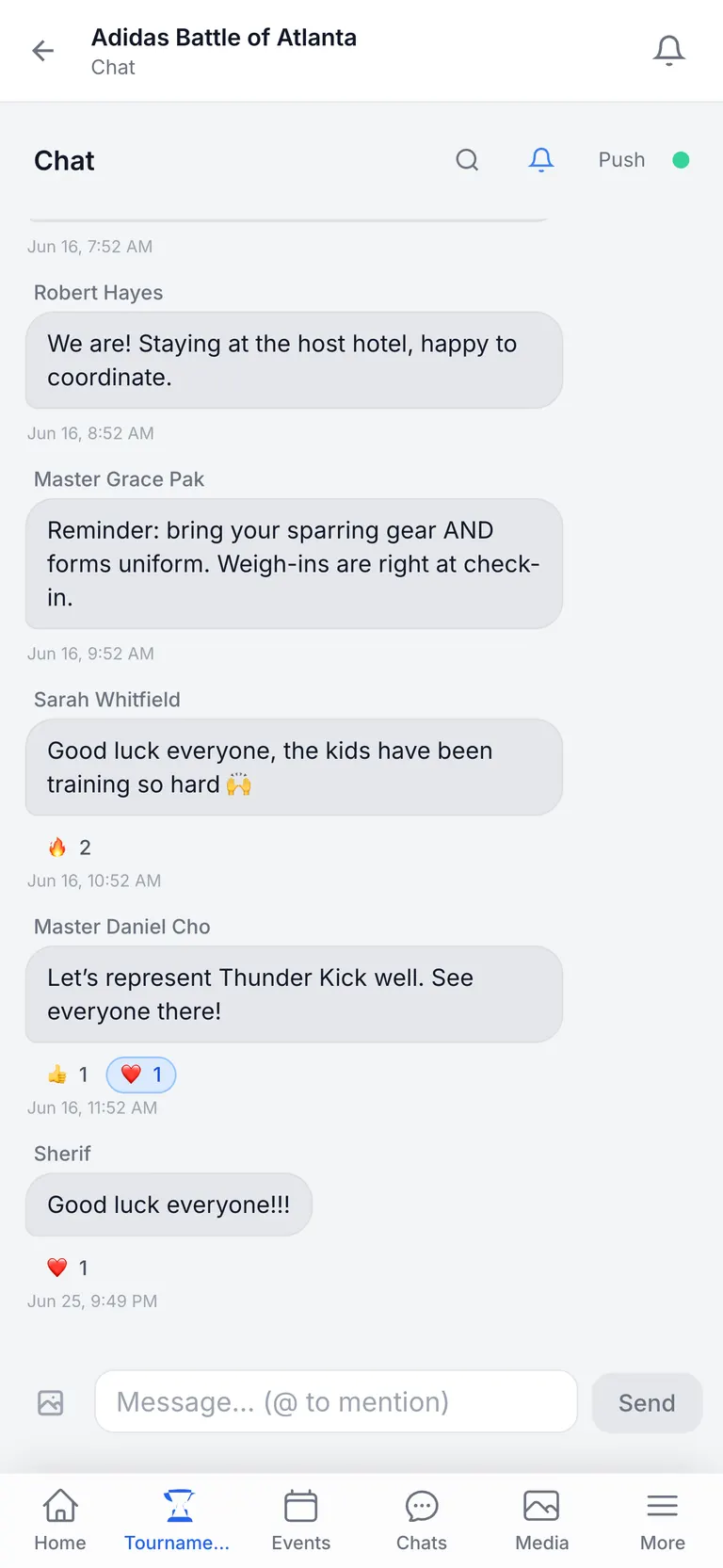A tournament chat thread where coaches post warm-up times and parents reply with reactions