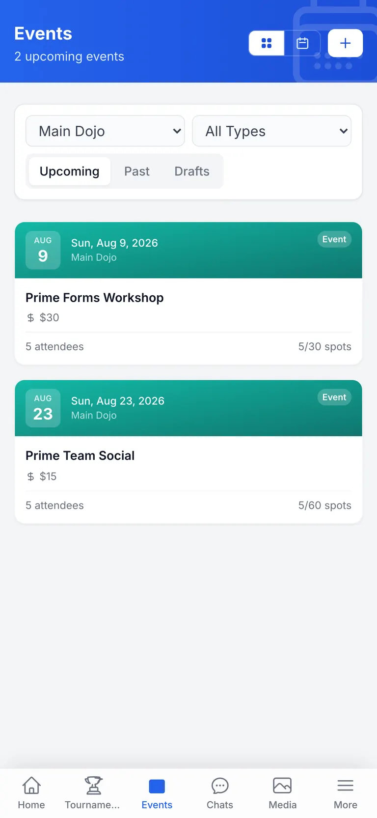 Upcoming school events with fees and remaining capacity