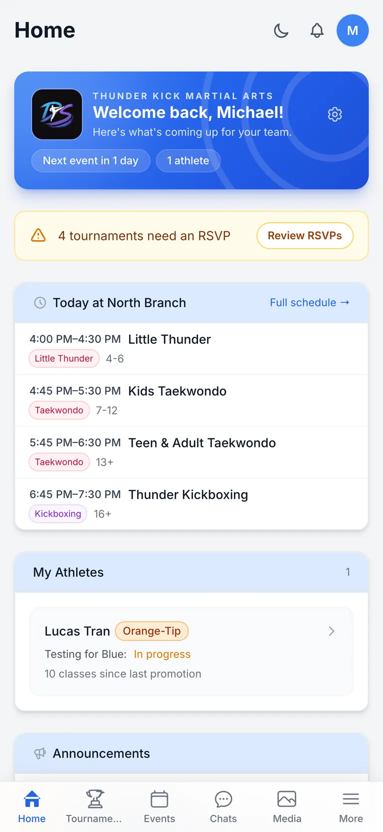 A parent's home screen showing today's classes, their athlete's belt progress, and upcoming tournaments