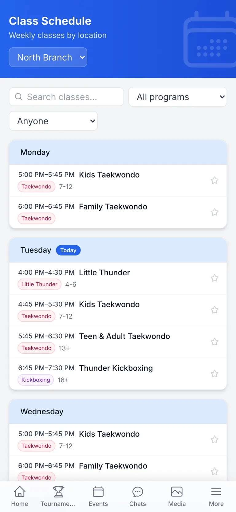 The weekly class schedule grouped by day, with program and age labels and a star to save a class