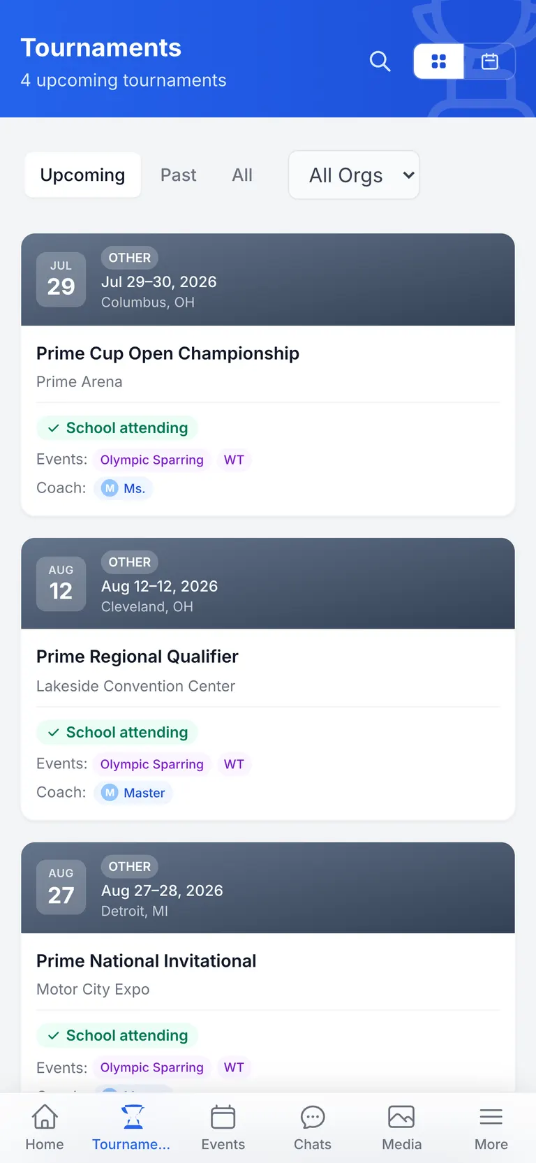 The tournament list showing dates, venues and which students are attending
